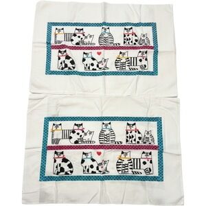 Vintage Stevens Flannel Pillowcase Set 2pc Whimsical Cat Print Cotton USA 90s